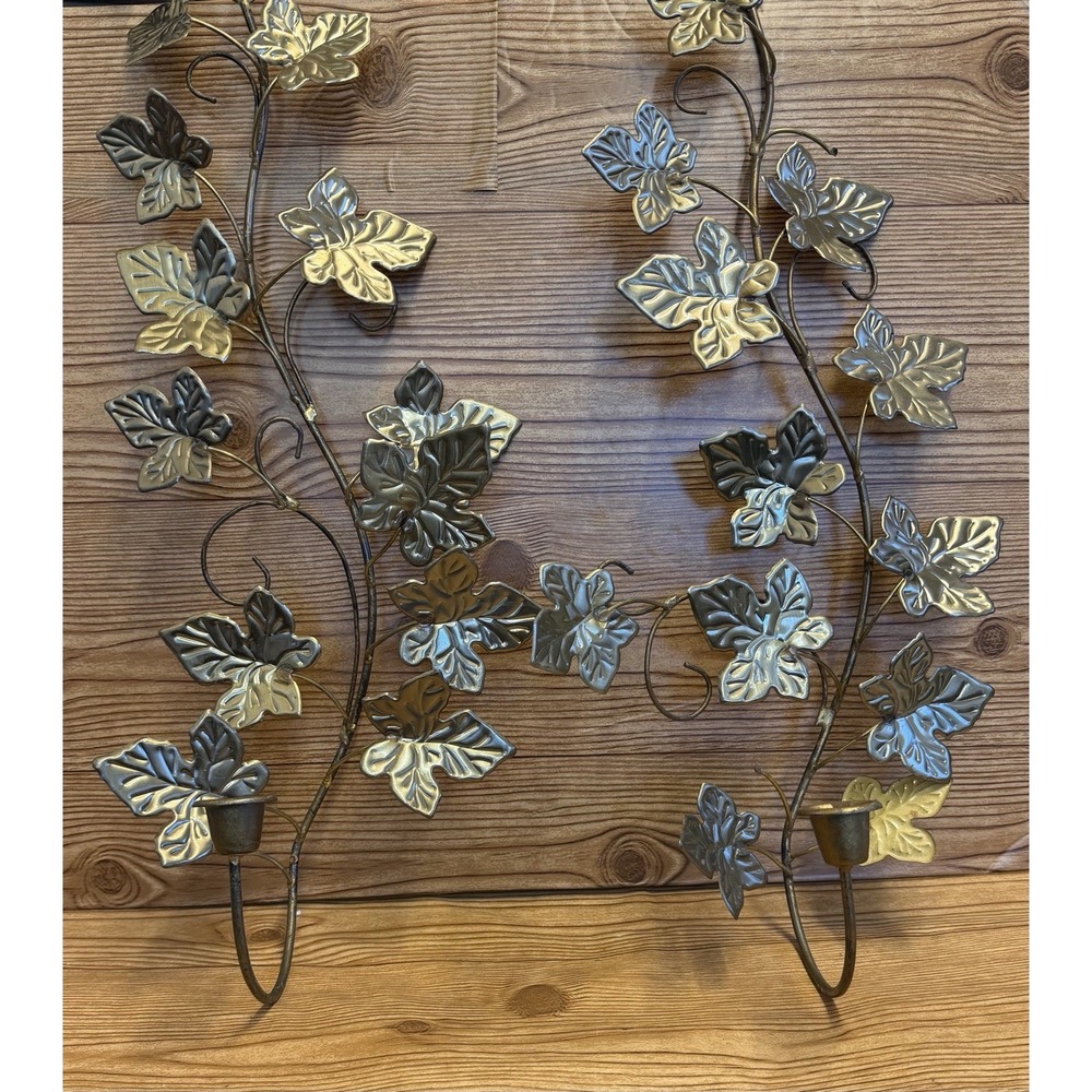 VINTAGE Brass Gold Tone Leaf Leaves Wall Sconce 22" Taper Candle Holders‎ Set 2